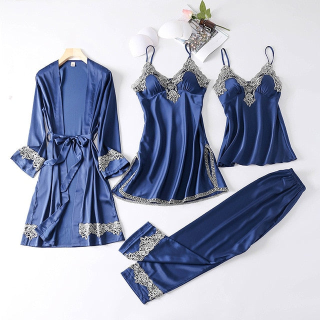 4 Pieces Silk Pajamas Set