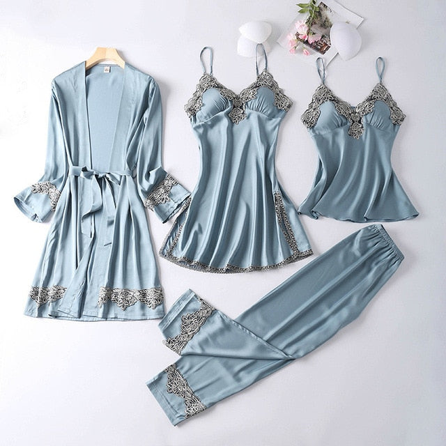 4 Pieces Silk Pajamas Set